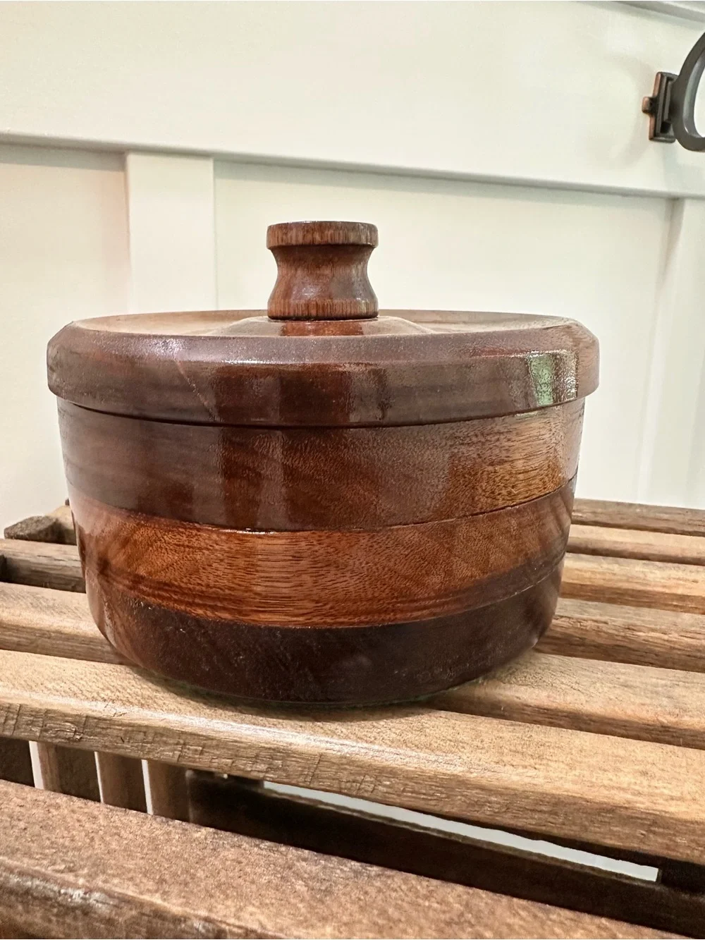 Vintage Hand Turned Solid Wooden Lidded Covered Bowl w/ Knob - Brown Trinket Box